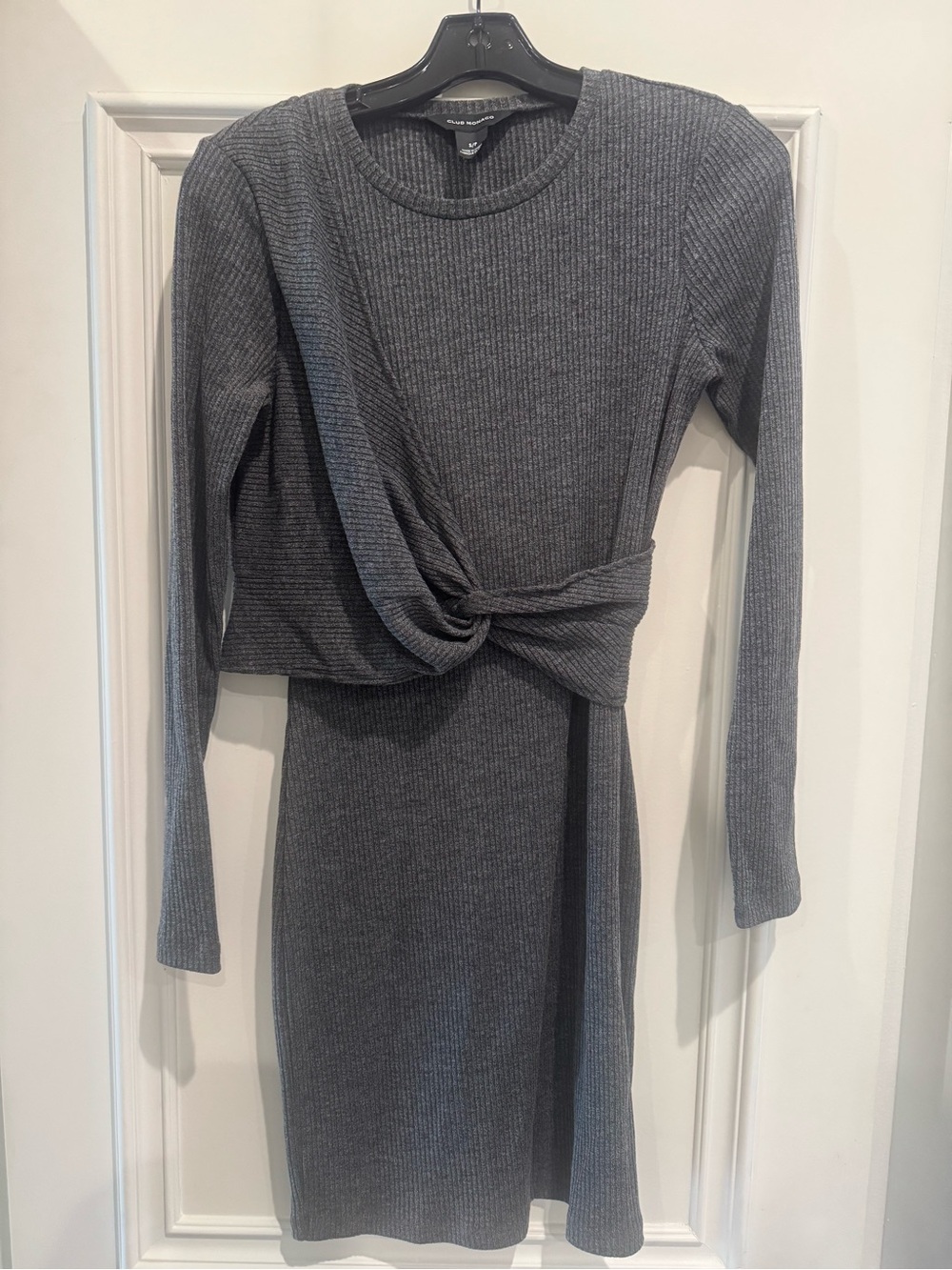 Club Monaco Charcoal Twist-Front Ribbed Long Sleeve Dress